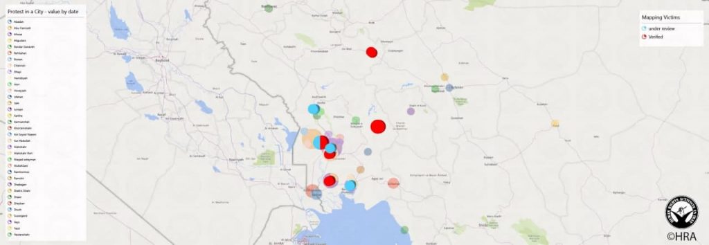 نقشه ترکیبی پراکندگی اعتراضات و قربانیان بر اساس تاریخ وقوع