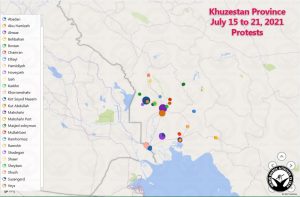 نقشه پراکندگی اعتراضات هفت روز اخیر استان خوزستان، به تفکیک شهر محل وقوع